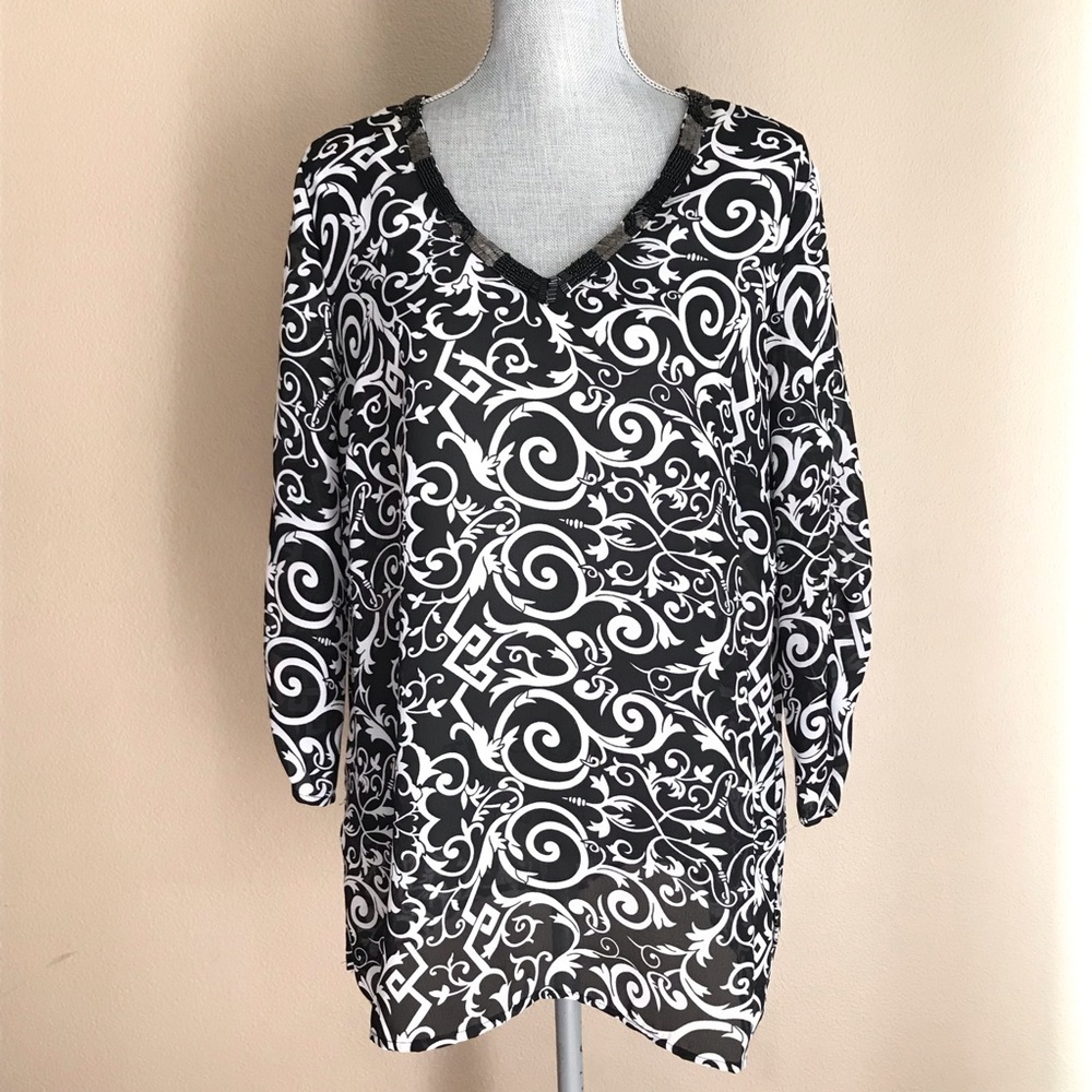 Agora Chiffon Tunic Top Beaded V-Neck sz XL